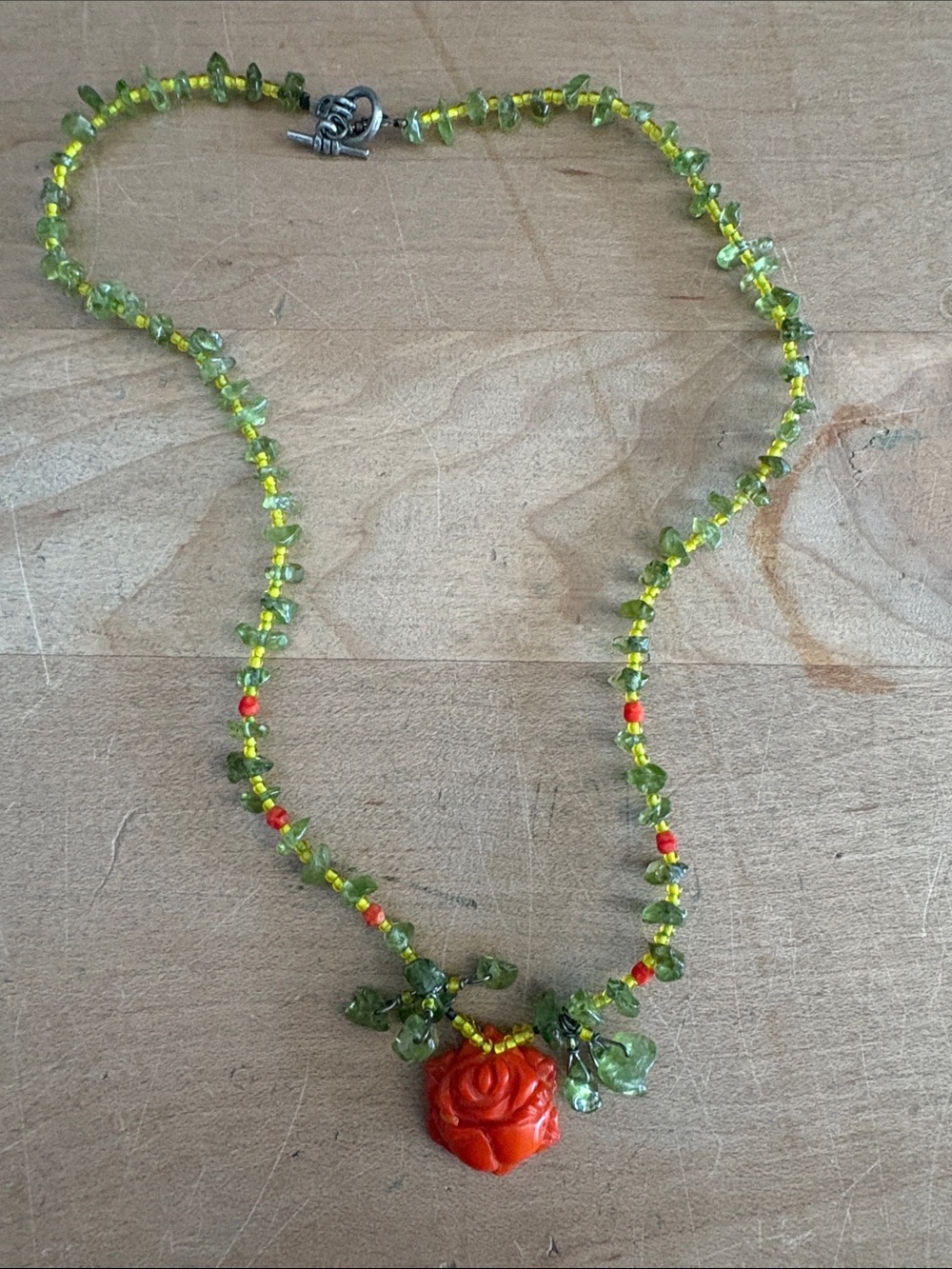 Handcrafted Green Peridot Chip Necklace with Red Rose Pendant